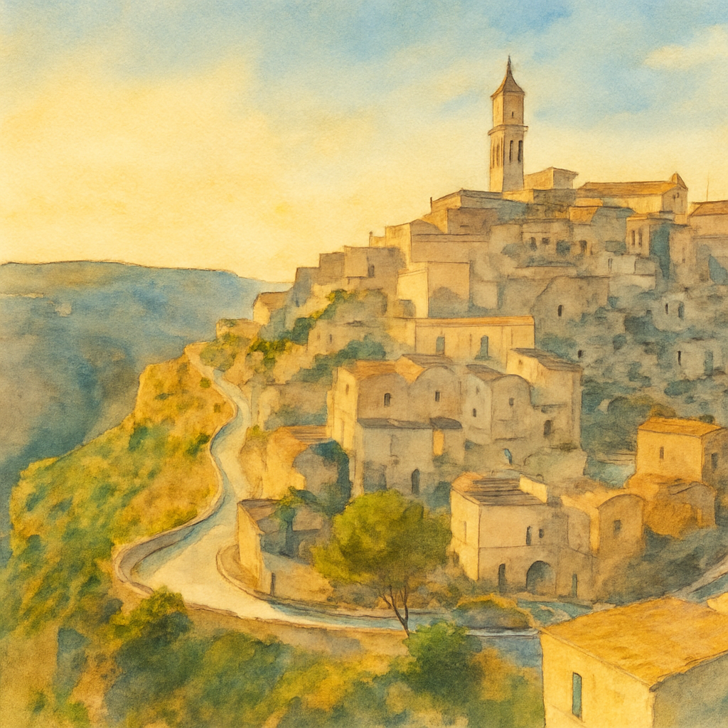 I Sassi di Matera all’alba in acquerello