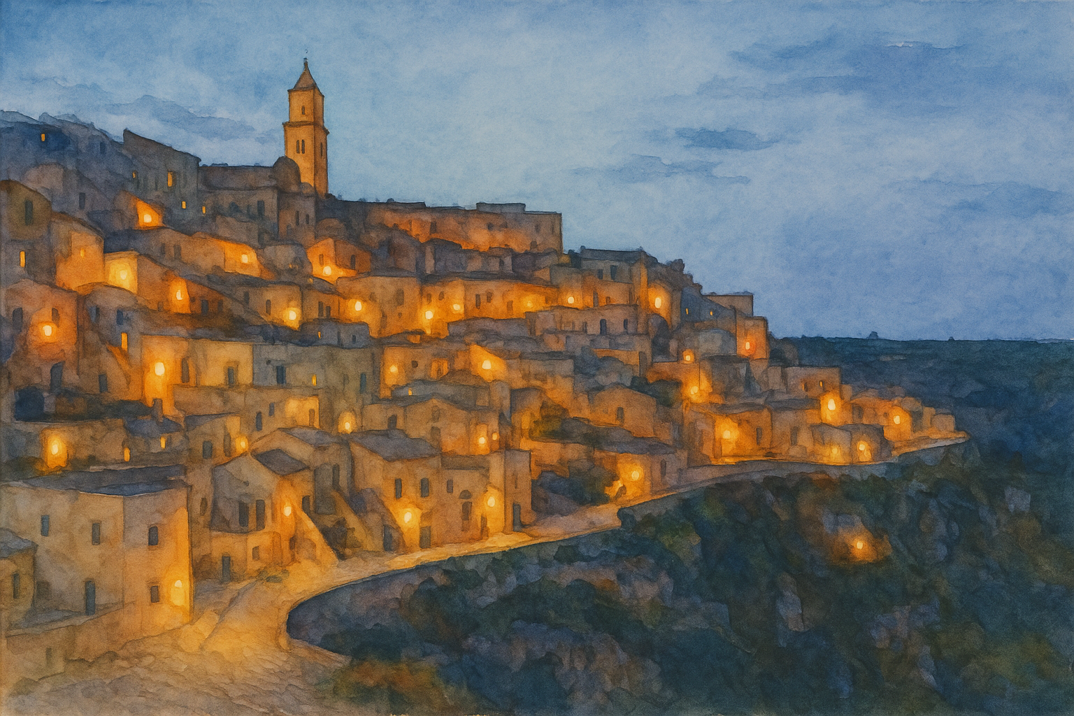 Veduta notturna dei Sassi di Matera illuminati