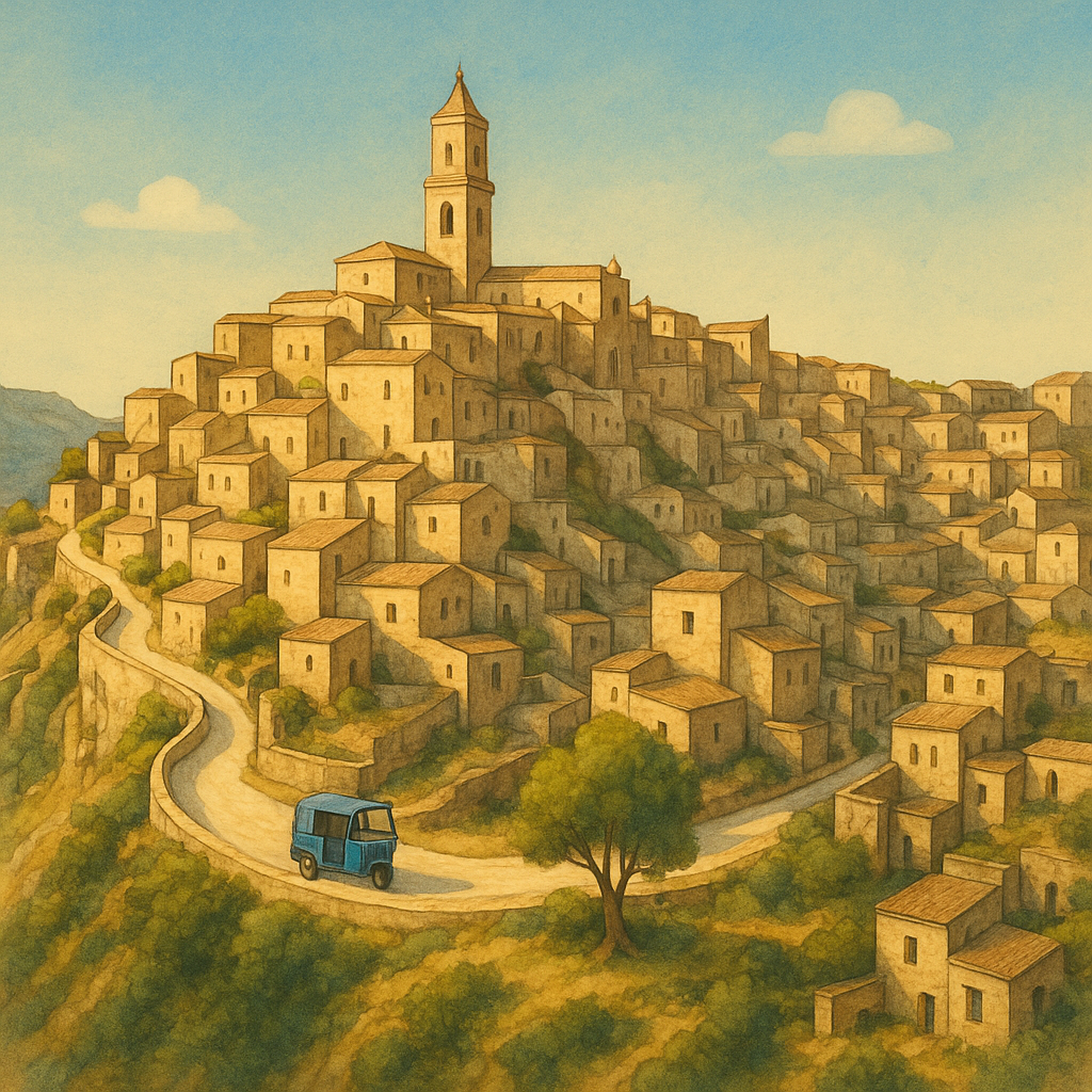 Tuk-tuk blu su strada nei Sassi di Matera